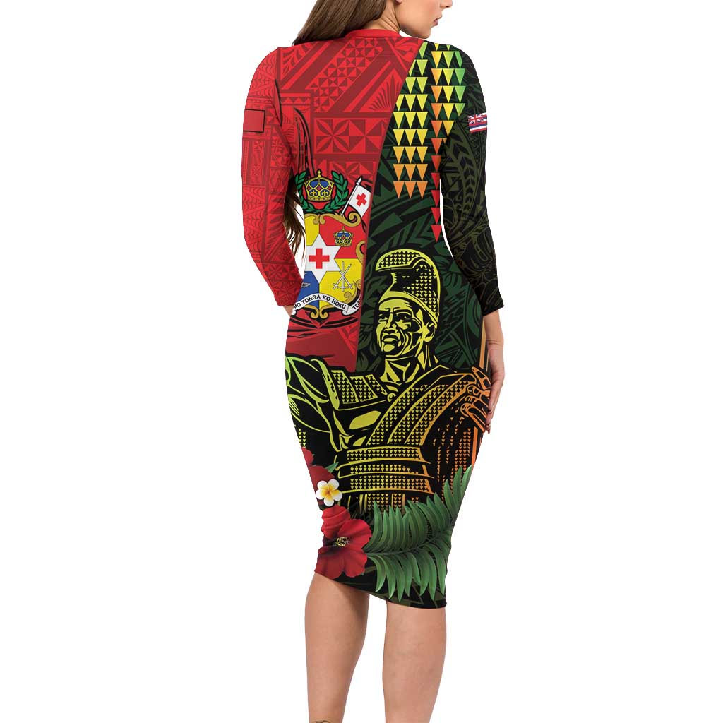 Hawaii And Tonga Long Sleeve Bodycon Dress King Kamehameha Tribal Ngatu Pattern LT14 - Polynesian Pride