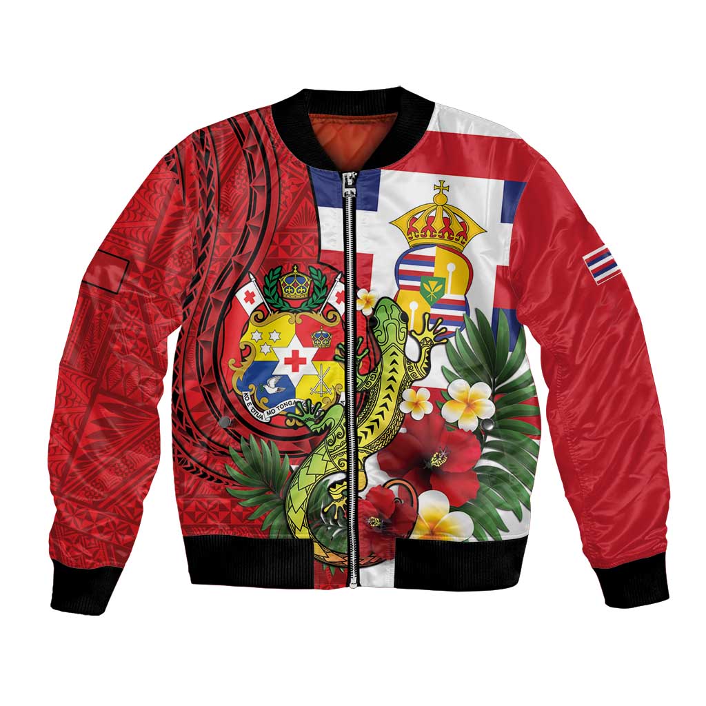 Hawaii And Tonga Bomber Jacket King Kalakaua Tribal Gecko Tongan Ngatu LT14 Unisex Red - Polynesian Pride