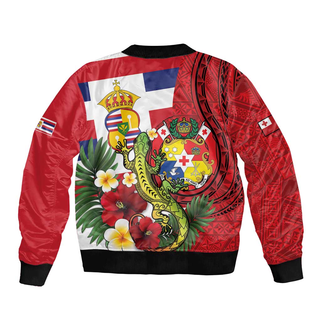 Hawaii And Tonga Bomber Jacket King Kalakaua Tribal Gecko Tongan Ngatu LT14 - Polynesian Pride