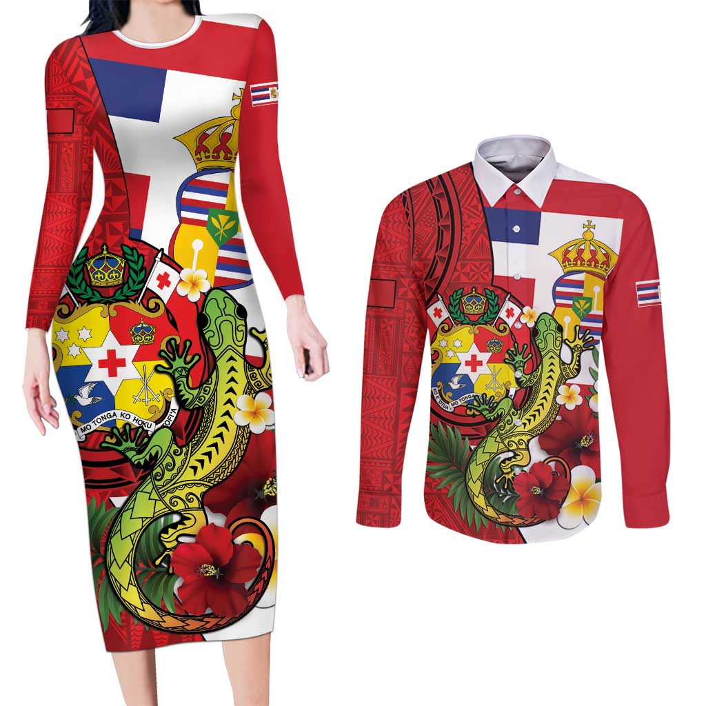 Hawaii And Tonga Couples Matching Long Sleeve Bodycon Dress and Long Sleeve Button Shirt King Kalakaua Tribal Gecko Tongan Ngatu