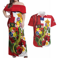 Hawaii And Tonga Couples Matching Off Shoulder Maxi Dress and Hawaiian Shirt King Kalakaua Tribal Gecko Tongan Ngatu LT14 Red - Polynesian Pride