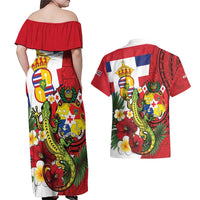 Hawaii And Tonga Couples Matching Off Shoulder Maxi Dress and Hawaiian Shirt King Kalakaua Tribal Gecko Tongan Ngatu LT14 - Polynesian Pride