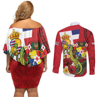Hawaii And Tonga Couples Matching Off Shoulder Short Dress and Long Sleeve Button Shirt King Kalakaua Tribal Gecko Tongan Ngatu LT14 - Polynesian Pride