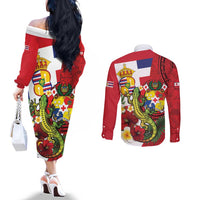 Hawaii And Tonga Couples Matching Off The Shoulder Long Sleeve Dress and Long Sleeve Button Shirt King Kalakaua Tribal Gecko Tongan Ngatu