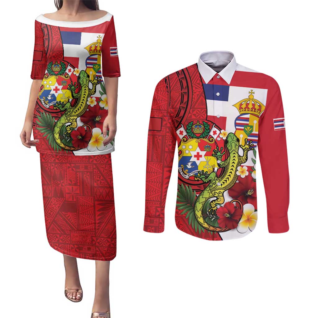 Hawaii And Tonga Couples Matching Puletasi and Long Sleeve Button Shirt King Kalakaua Tribal Gecko Tongan Ngatu LT14 Red - Polynesian Pride