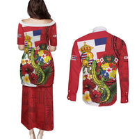 Hawaii And Tonga Couples Matching Puletasi and Long Sleeve Button Shirt King Kalakaua Tribal Gecko Tongan Ngatu LT14 - Polynesian Pride
