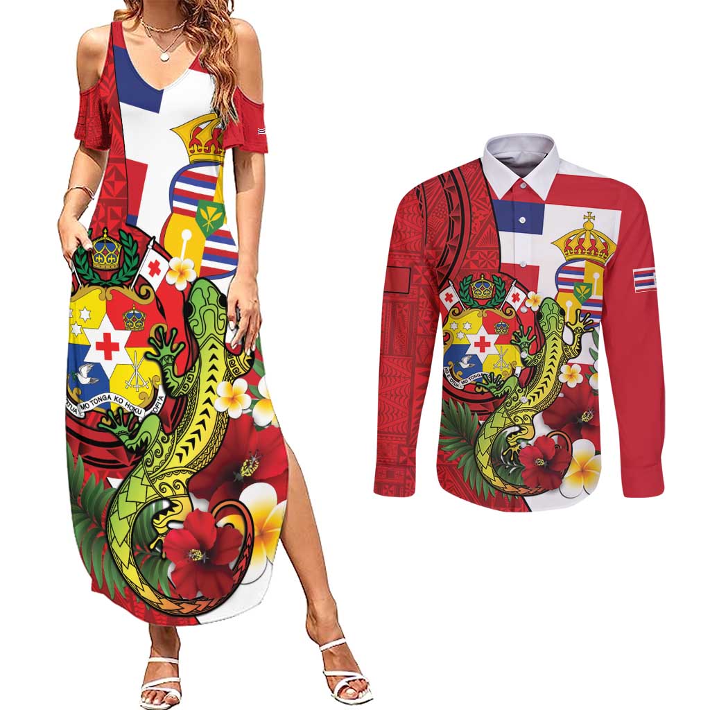Hawaii And Tonga Couples Matching Summer Maxi Dress and Long Sleeve Button Shirt King Kalakaua Tribal Gecko Tongan Ngatu