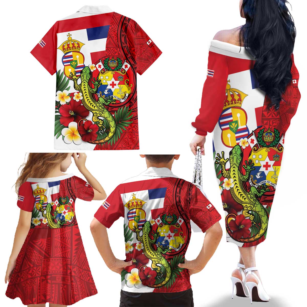 Hawaii And Tonga Family Matching Off The Shoulder Long Sleeve Dress and Hawaiian Shirt King Kalakaua Tribal Gecko Tongan Ngatu