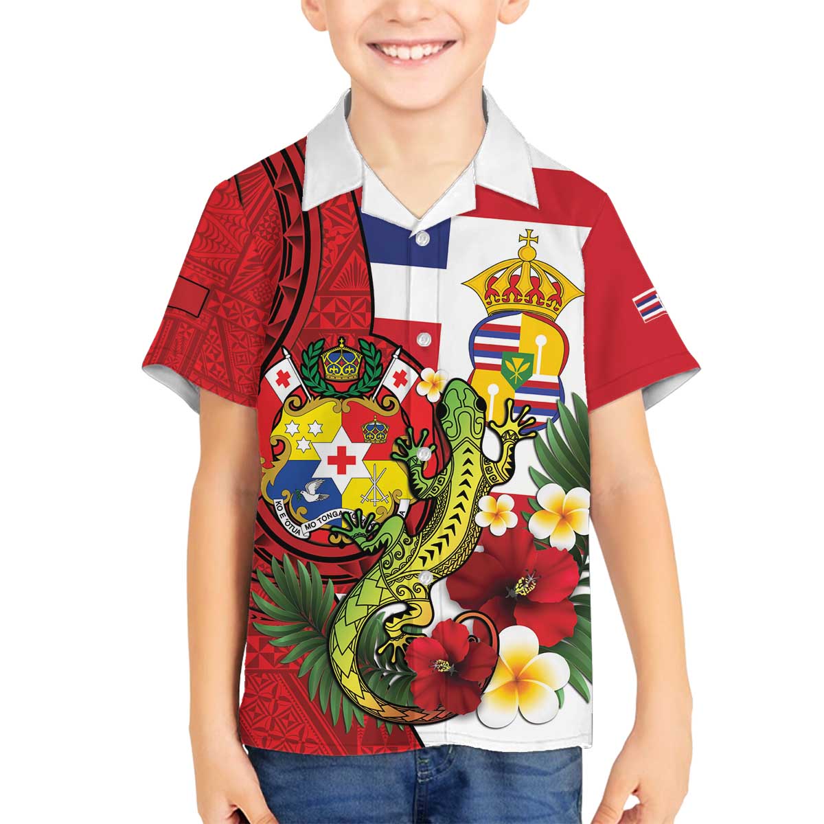 Hawaii And Tonga Family Matching Off The Shoulder Long Sleeve Dress and Hawaiian Shirt King Kalakaua Tribal Gecko Tongan Ngatu