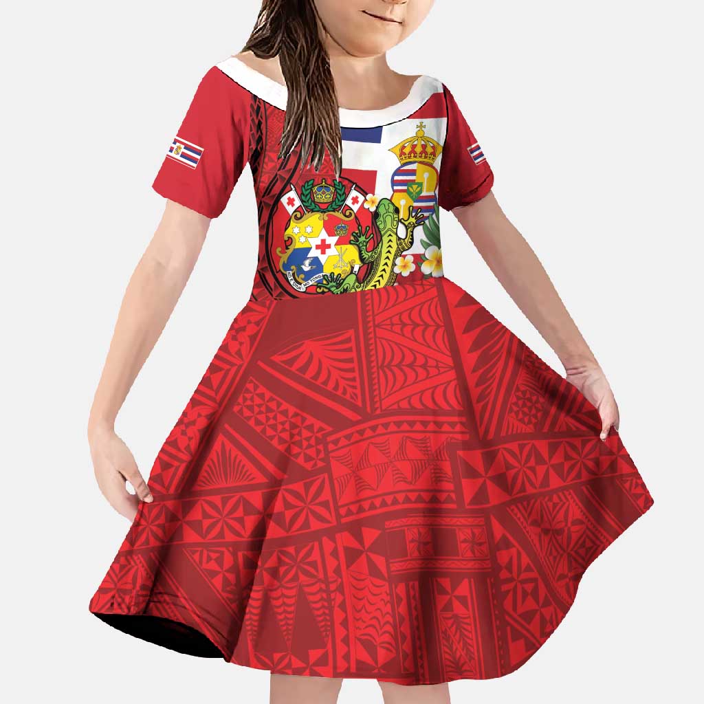 Hawaii And Tonga Family Matching Off Shoulder Maxi Dress and Hawaiian Shirt King Kalakaua Tribal Gecko Tongan Ngatu LT14 Daughter's Dress Red - Polynesian Pride