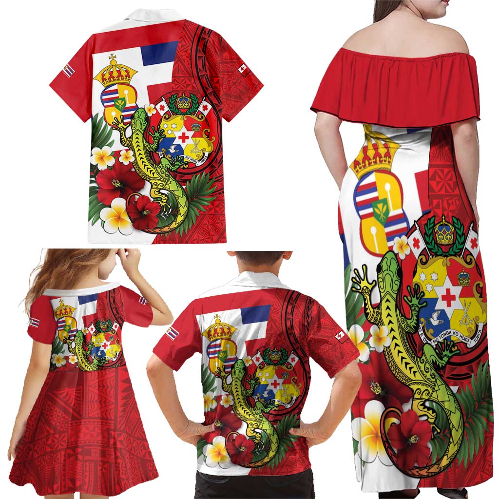 Hawaii And Tonga Family Matching Off Shoulder Maxi Dress and Hawaiian Shirt King Kalakaua Tribal Gecko Tongan Ngatu LT14 - Polynesian Pride