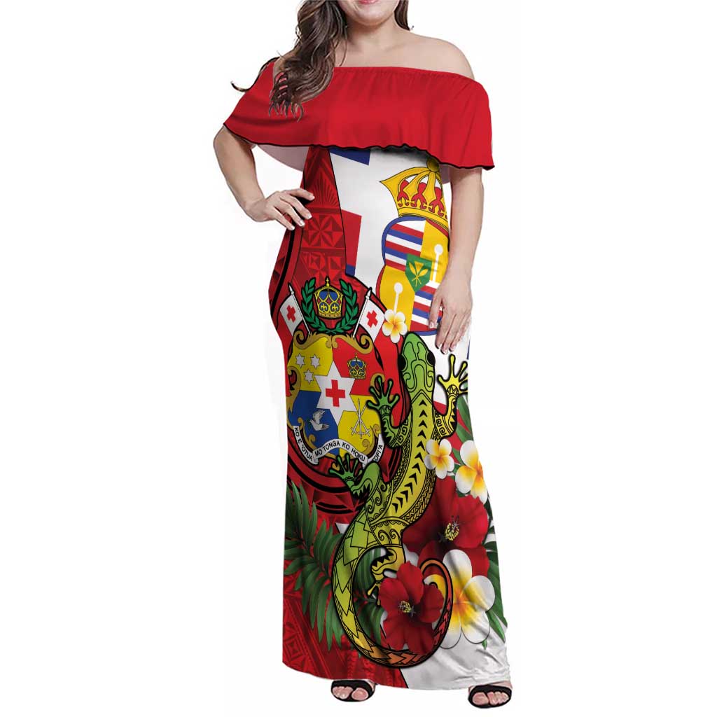 Hawaii And Tonga Family Matching Off Shoulder Maxi Dress and Hawaiian Shirt King Kalakaua Tribal Gecko Tongan Ngatu LT14 Mom's Dress Red - Polynesian Pride
