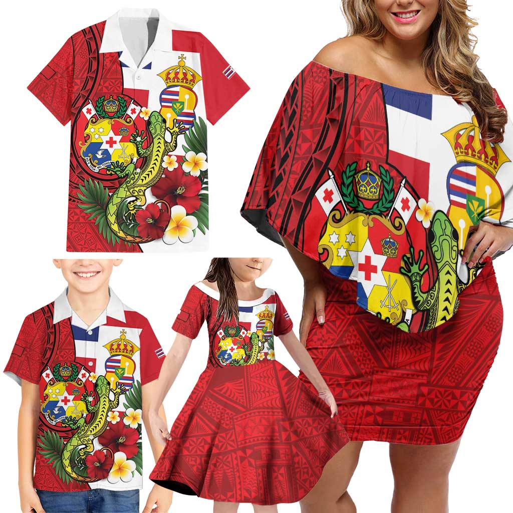 Hawaii And Tonga Family Matching Off Shoulder Short Dress and Hawaiian Shirt King Kalakaua Tribal Gecko Tongan Ngatu LT14 - Polynesian Pride