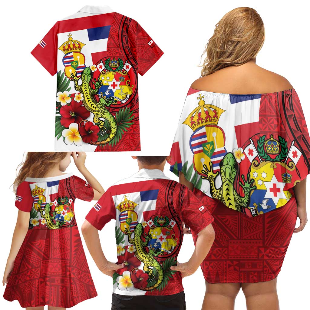 Hawaii And Tonga Family Matching Off Shoulder Short Dress and Hawaiian Shirt King Kalakaua Tribal Gecko Tongan Ngatu LT14 - Polynesian Pride