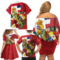 Hawaii And Tonga Family Matching Off Shoulder Short Dress and Hawaiian Shirt King Kalakaua Tribal Gecko Tongan Ngatu LT14 - Polynesian Pride