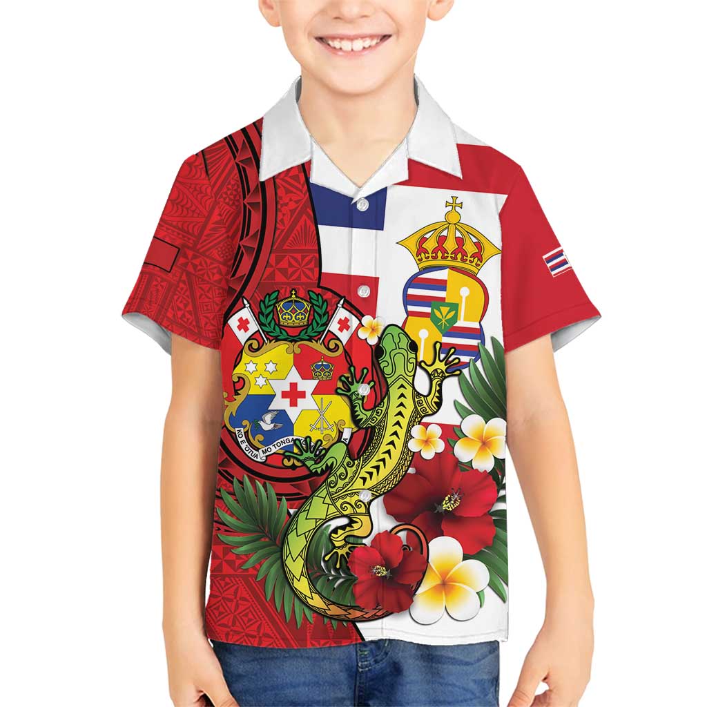 Hawaii And Tonga Family Matching Off Shoulder Short Dress and Hawaiian Shirt King Kalakaua Tribal Gecko Tongan Ngatu LT14 Son's Shirt Red - Polynesian Pride