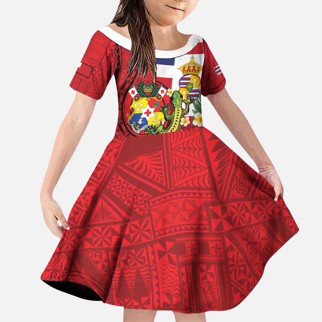 Hawaii And Tonga Family Matching Puletasi and Hawaiian Shirt King Kalakaua Tribal Gecko Tongan Ngatu LT14 Daughter's Dress Red - Polynesian Pride
