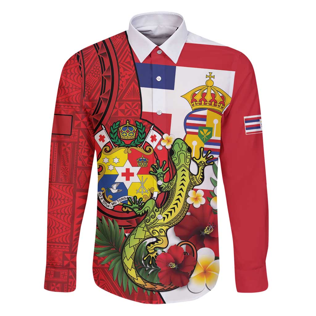 Hawaii And Tonga Family Matching Puletasi and Hawaiian Shirt King Kalakaua Tribal Gecko Tongan Ngatu LT14 Dad's Shirt - Long Sleeve Red - Polynesian Pride