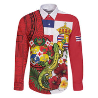 Hawaii And Tonga Family Matching Puletasi and Hawaiian Shirt King Kalakaua Tribal Gecko Tongan Ngatu LT14 Dad's Shirt - Long Sleeve Red - Polynesian Pride