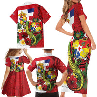 Hawaii And Tonga Family Matching Short Sleeve Bodycon Dress and Hawaiian Shirt King Kalakaua Tribal Gecko Tongan Ngatu