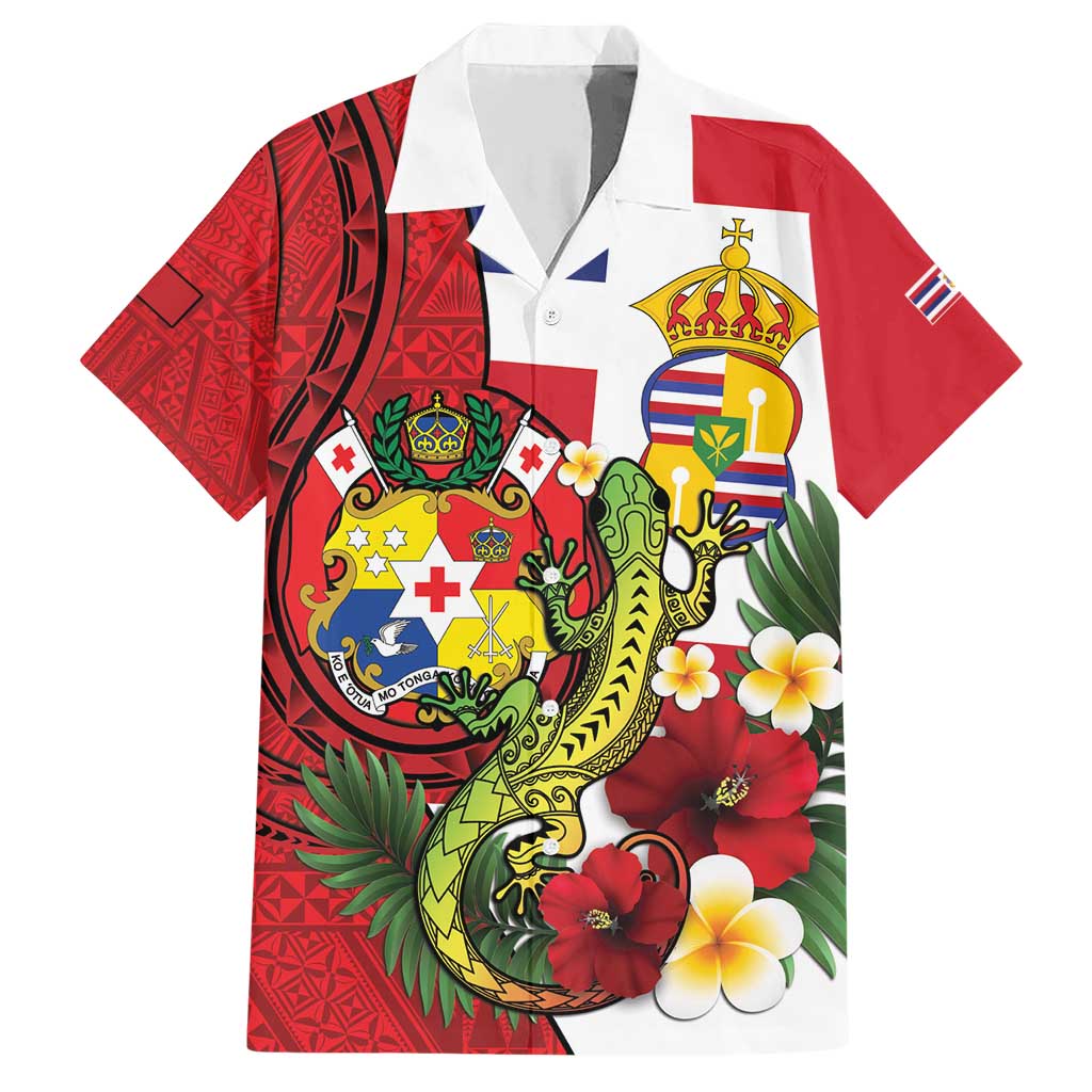 Hawaii And Tonga Family Matching Short Sleeve Bodycon Dress and Hawaiian Shirt King Kalakaua Tribal Gecko Tongan Ngatu