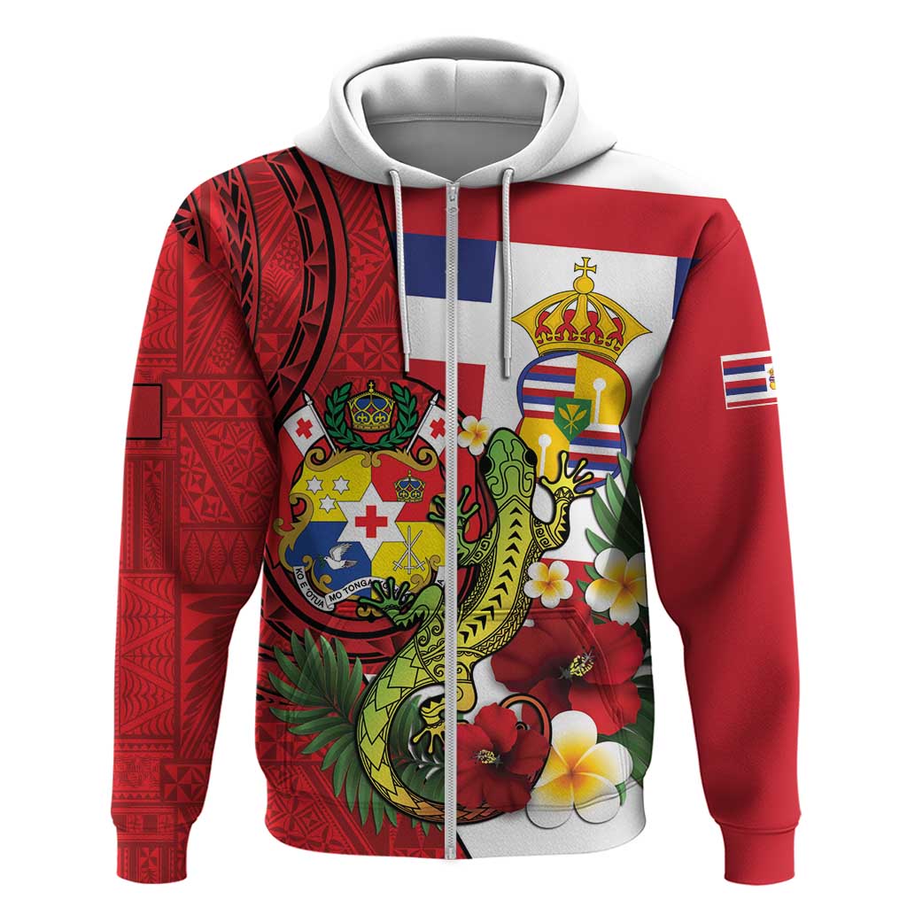 Hawaii And Tonga Hoodie King Kalakaua Tribal Gecko Tongan Ngatu LT14 Zip Hoodie Red - Polynesian Pride