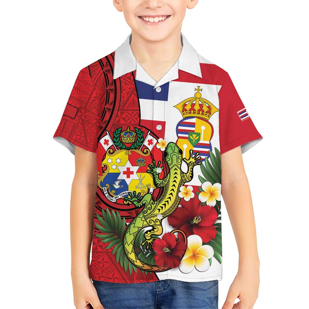 Hawaii And Tonga Kid Hawaiian Shirt King Kalakaua Tribal Gecko Tongan Ngatu LT14 Kid Red - Polynesian Pride