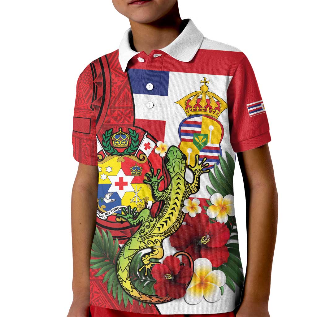 Hawaii And Tonga Kid Polo Shirt King Kalakaua Tribal Gecko Tongan Ngatu LT14 Kid Red - Polynesian Pride