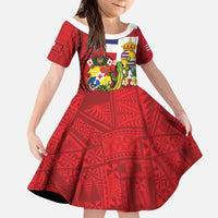 Hawaii And Tonga Kid Short Sleeve Dress King Kalakaua Tribal Gecko Tongan Ngatu LT14 KID Red - Polynesian Pride