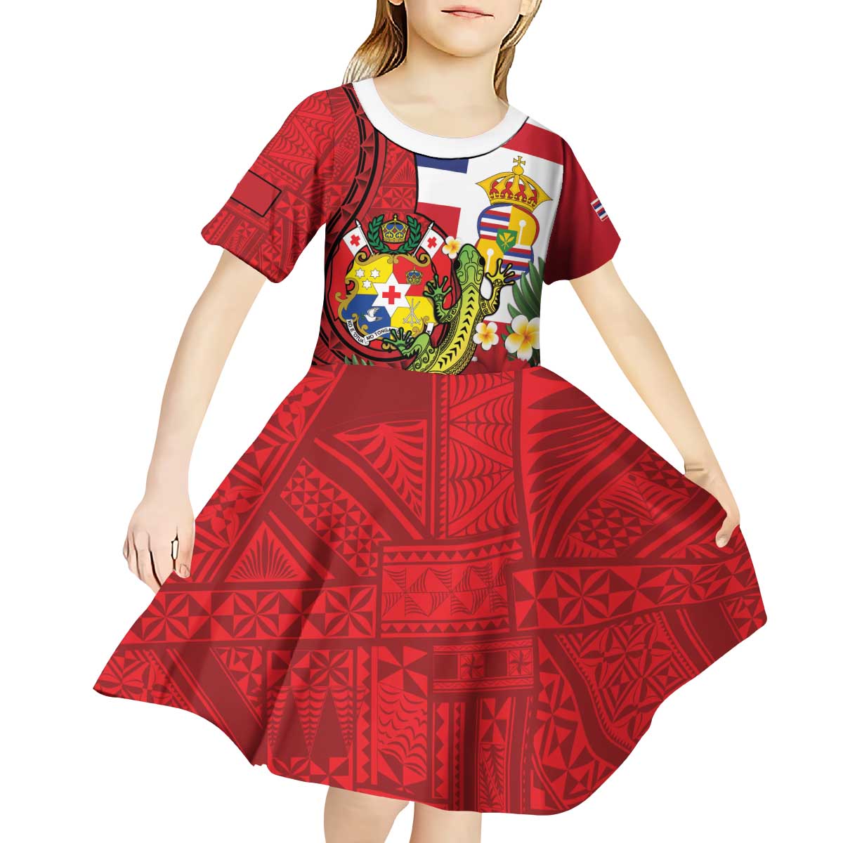 Hawaii And Tonga Kid Short Sleeve Dress King Kalakaua Tribal Gecko Tongan Ngatu LT14 - Polynesian Pride