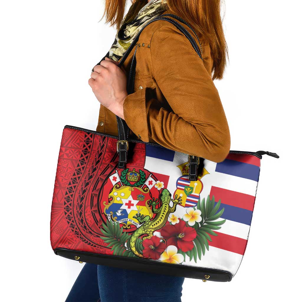 Hawaii And Tonga Leather Tote Bag King Kalakaua Tribal Gecko Tongan Ngatu LT14 Red - Polynesian Pride