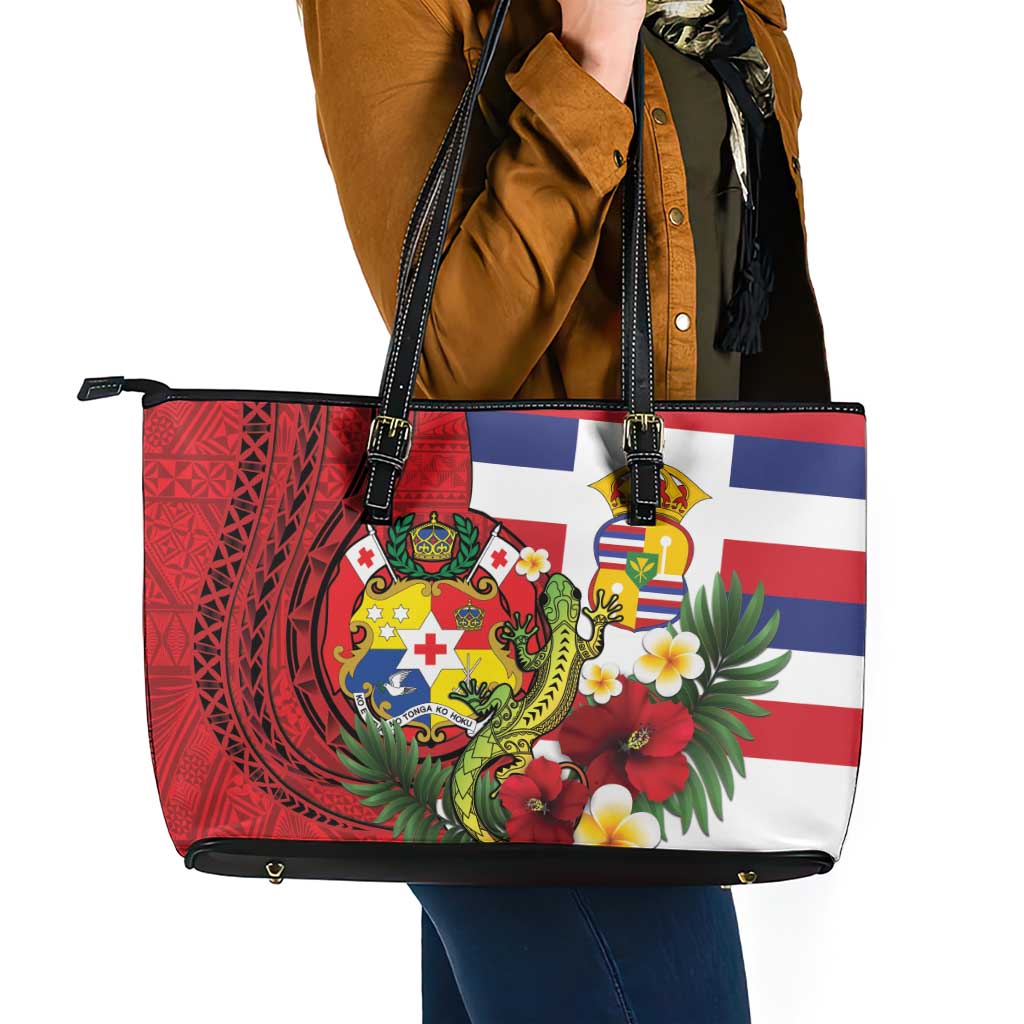 Hawaii And Tonga Leather Tote Bag King Kalakaua Tribal Gecko Tongan Ngatu LT14 - Polynesian Pride