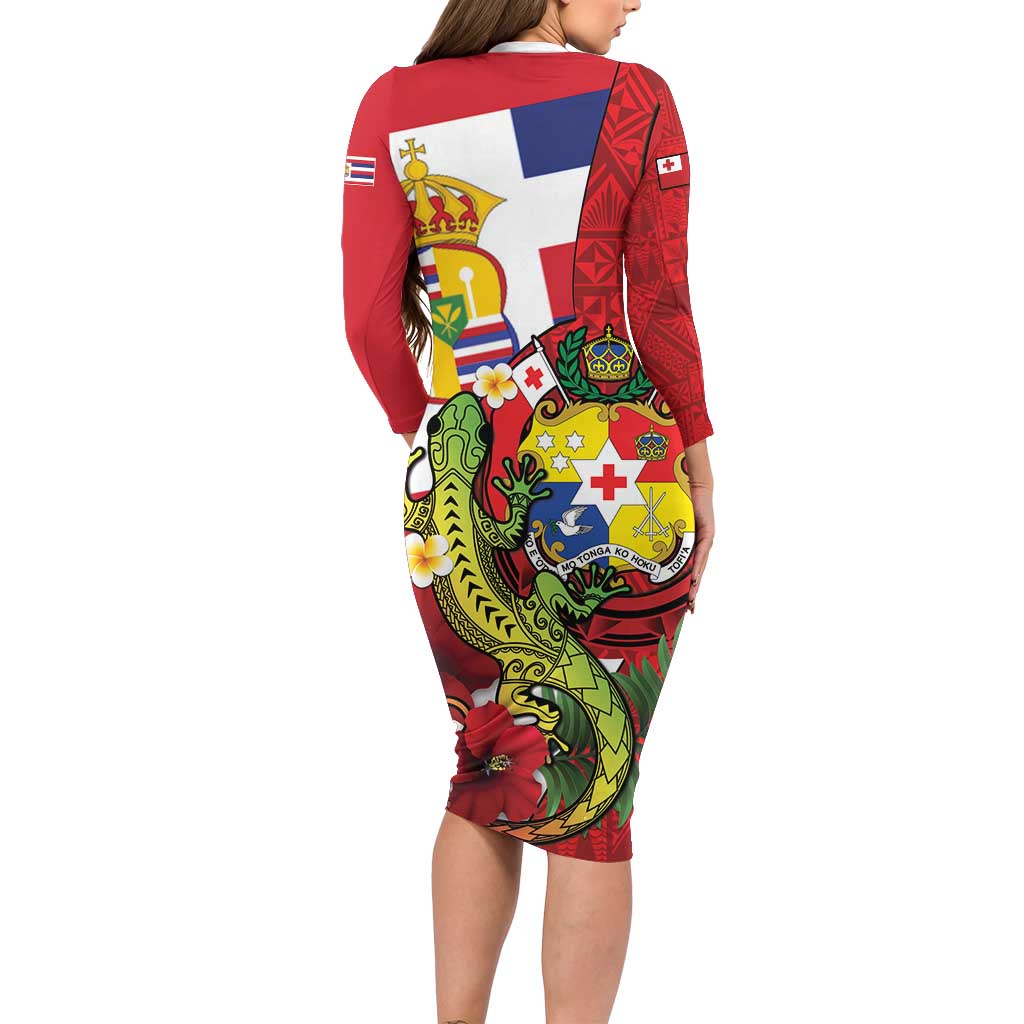 Hawaii And Tonga Long Sleeve Bodycon Dress King Kalakaua Tribal Gecko Tongan Ngatu LT14 - Polynesian Pride