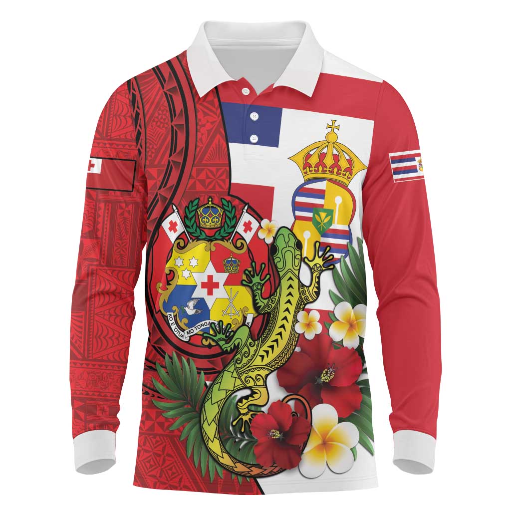 Hawaii And Tonga Long Sleeve Polo Shirt King Kalakaua Tribal Gecko Tongan Ngatu LT14 Red - Polynesian Pride