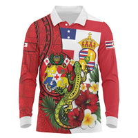 Hawaii And Tonga Long Sleeve Polo Shirt King Kalakaua Tribal Gecko Tongan Ngatu LT14 Red - Polynesian Pride