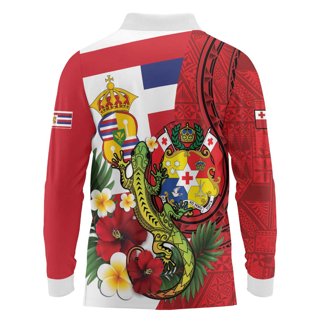 Hawaii And Tonga Long Sleeve Polo Shirt King Kalakaua Tribal Gecko Tongan Ngatu LT14 - Polynesian Pride