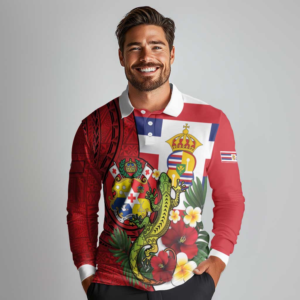 Hawaii And Tonga Long Sleeve Polo Shirt King Kalakaua Tribal Gecko Tongan Ngatu LT14 - Polynesian Pride