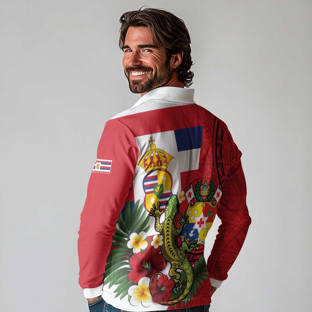 Hawaii And Tonga Long Sleeve Polo Shirt King Kalakaua Tribal Gecko Tongan Ngatu LT14 - Polynesian Pride