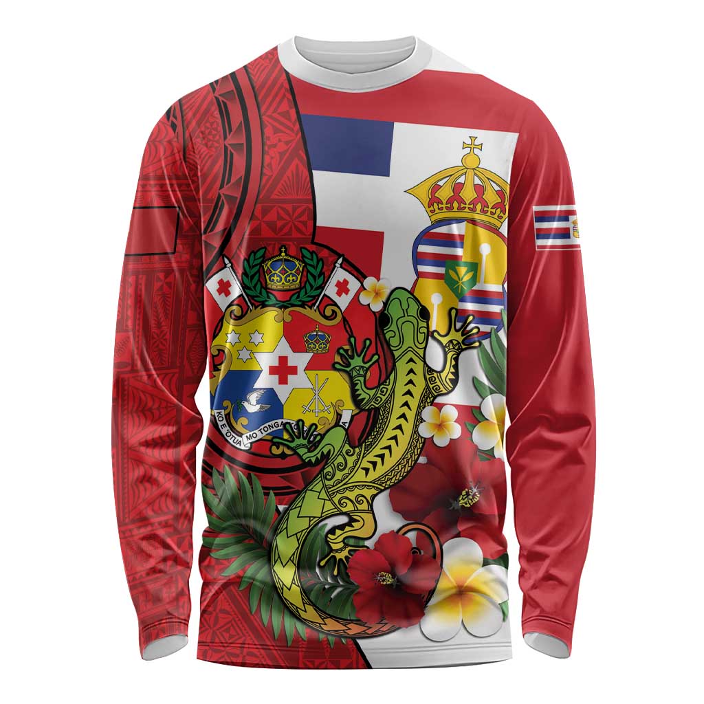 Hawaii And Tonga Long Sleeve Shirt King Kalakaua Tribal Gecko Tongan Ngatu LT14 Unisex Red - Polynesian Pride