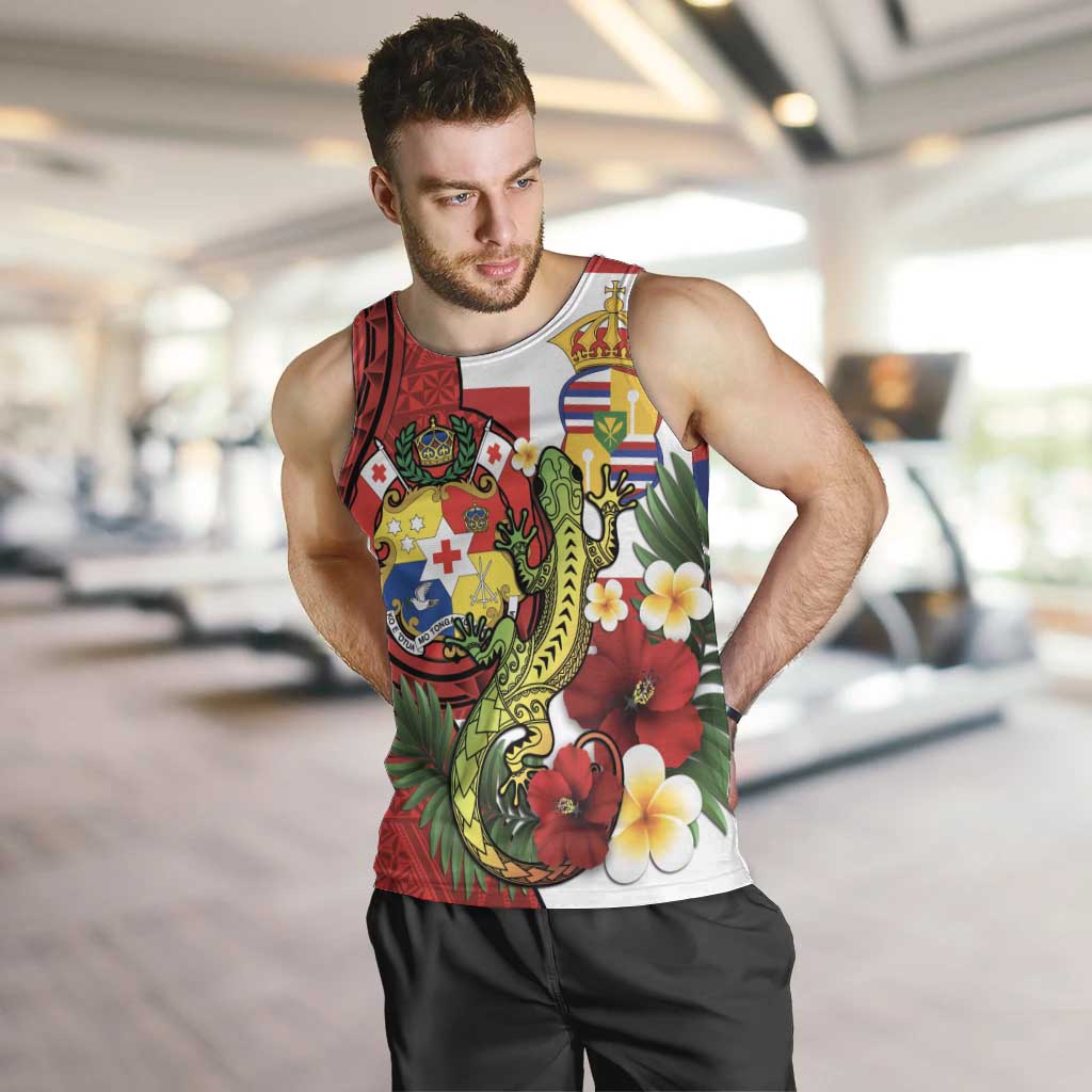 Hawaii And Tonga Men Tank Top King Kalakaua Tribal Gecko Tongan Ngatu LT14 Red - Polynesian Pride