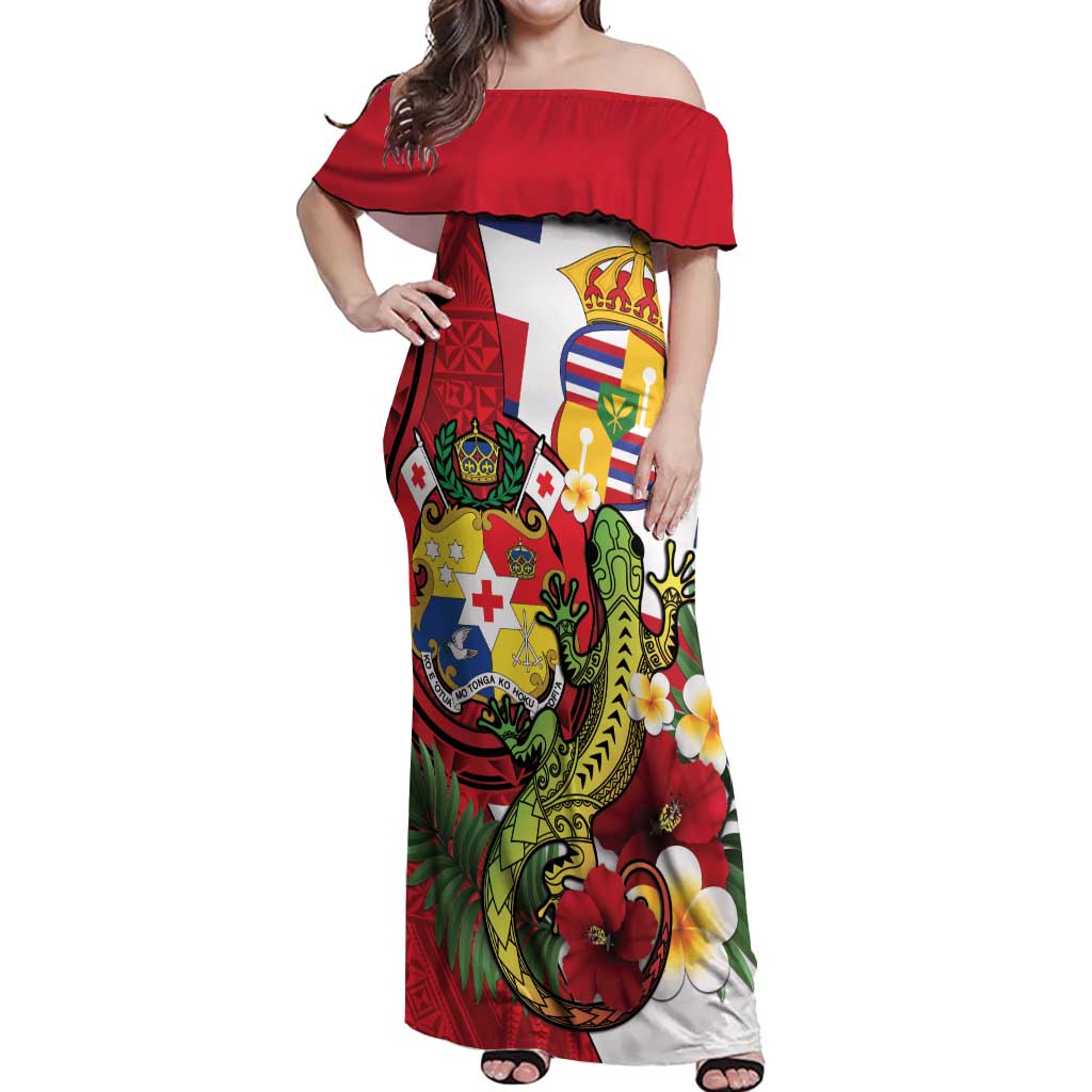 Hawaii And Tonga Off Shoulder Maxi Dress King Kalakaua Tribal Gecko Tongan Ngatu LT14 Women Red - Polynesian Pride