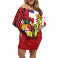 Hawaii And Tonga Off Shoulder Short Dress King Kalakaua Tribal Gecko Tongan Ngatu LT14 Women Red - Polynesian Pride