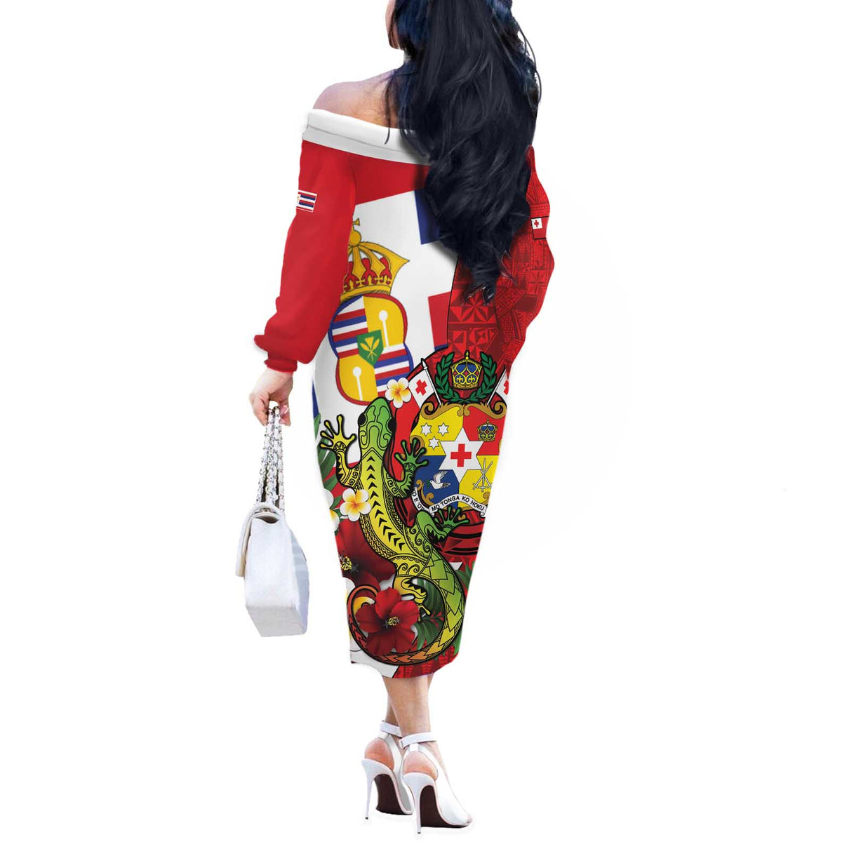 Hawaii And Tonga Off The Shoulder Long Sleeve Dress King Kalakaua Tribal Gecko Tongan Ngatu LT14 - Polynesian Pride