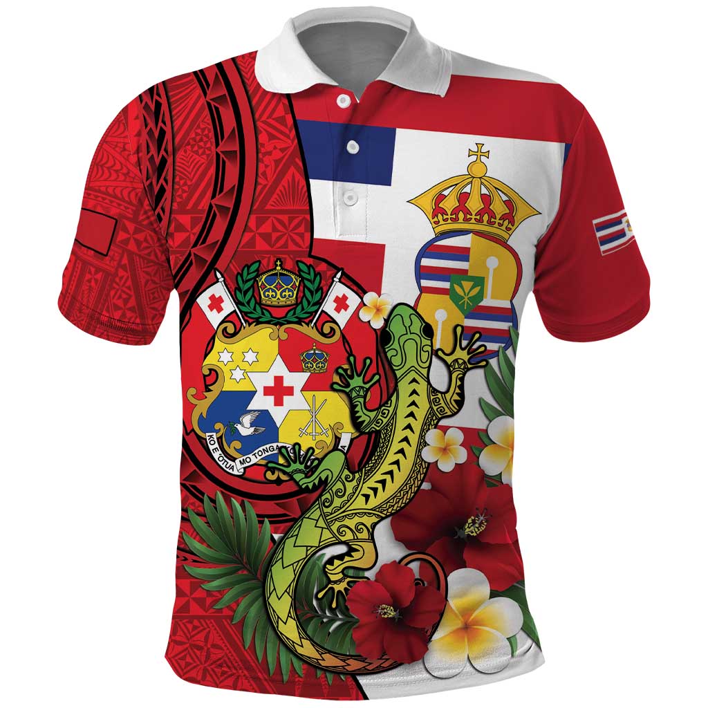Hawaii And Tonga Polo Shirt King Kalakaua Tribal Gecko Tongan Ngatu LT14 Red - Polynesian Pride
