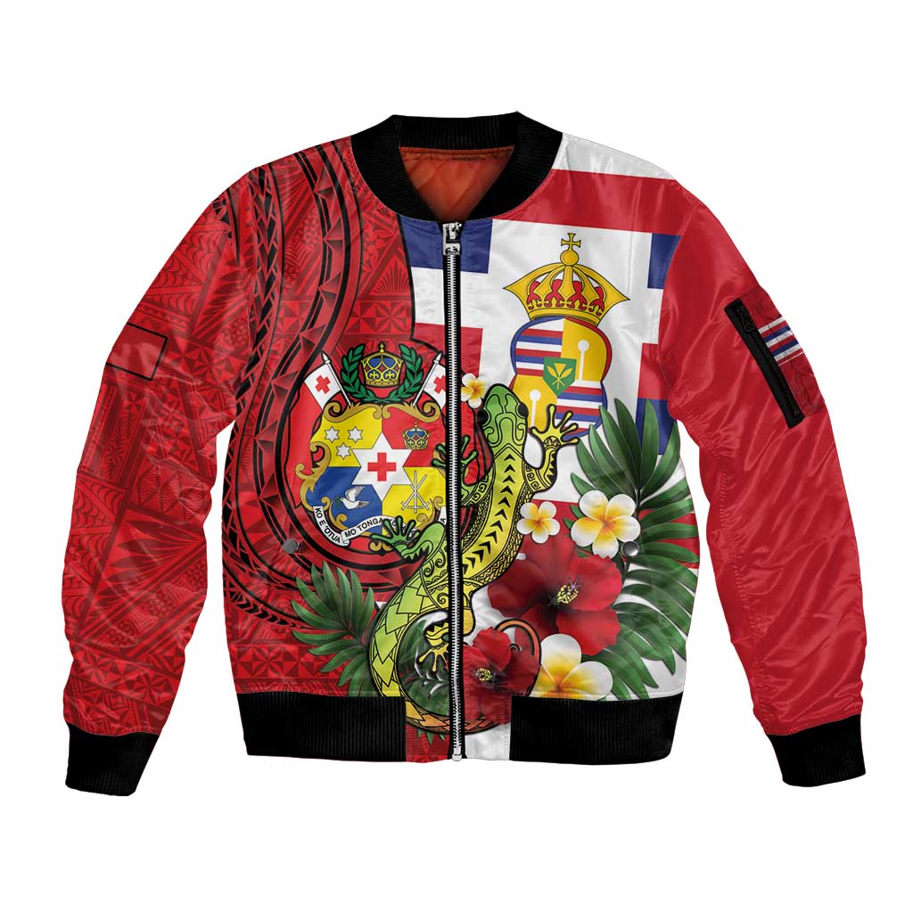 Hawaii And Tonga Sleeve Zip Bomber Jacket King Kalakaua Tribal Gecko Tongan Ngatu LT14 Unisex Red - Polynesian Pride