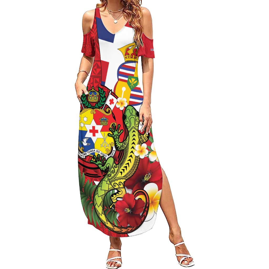 Hawaii And Tonga Summer Maxi Dress King Kalakaua Tribal Gecko Tongan Ngatu LT14 Women Red - Polynesian Pride