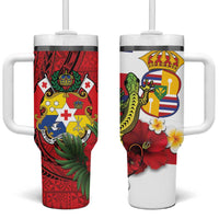 Hawaii And Tonga Tumbler With Handle King Kalakaua Tribal Gecko Tongan Ngatu LT14 One Size: 40 oz Red - Polynesian Pride