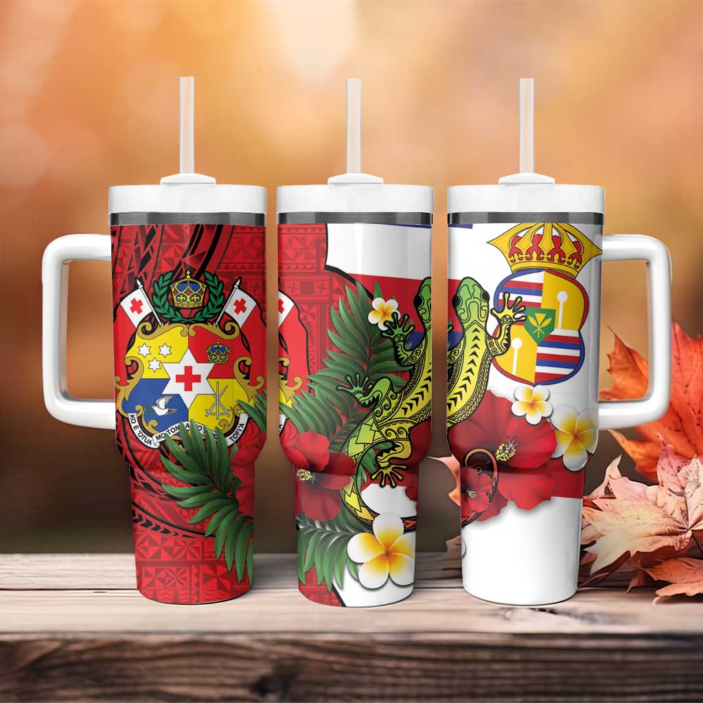 Hawaii And Tonga Tumbler With Handle King Kalakaua Tribal Gecko Tongan Ngatu LT14 - Polynesian Pride