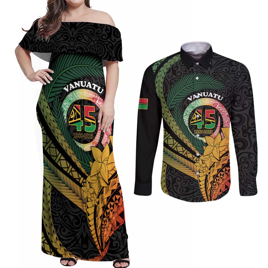 Personalised Vanuatu Independence Day Couples Matching Off Shoulder Maxi Dress and Long Sleeve Button Shirt July 30 Pig Tusk Long God Yumi Stanap LT14 Black - Polynesian Pride