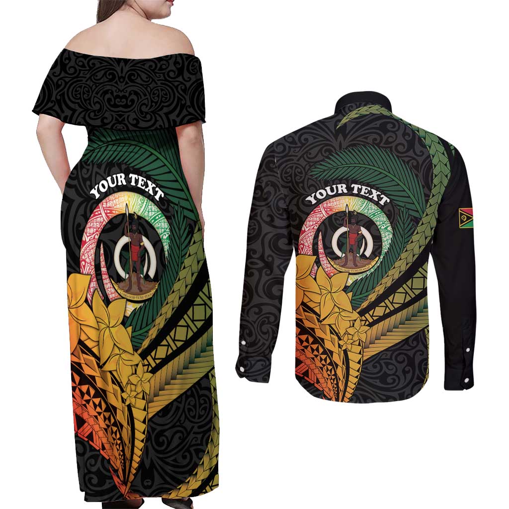 Personalised Vanuatu Independence Day Couples Matching Off Shoulder Maxi Dress and Long Sleeve Button Shirt July 30 Pig Tusk Long God Yumi Stanap LT14 - Polynesian Pride